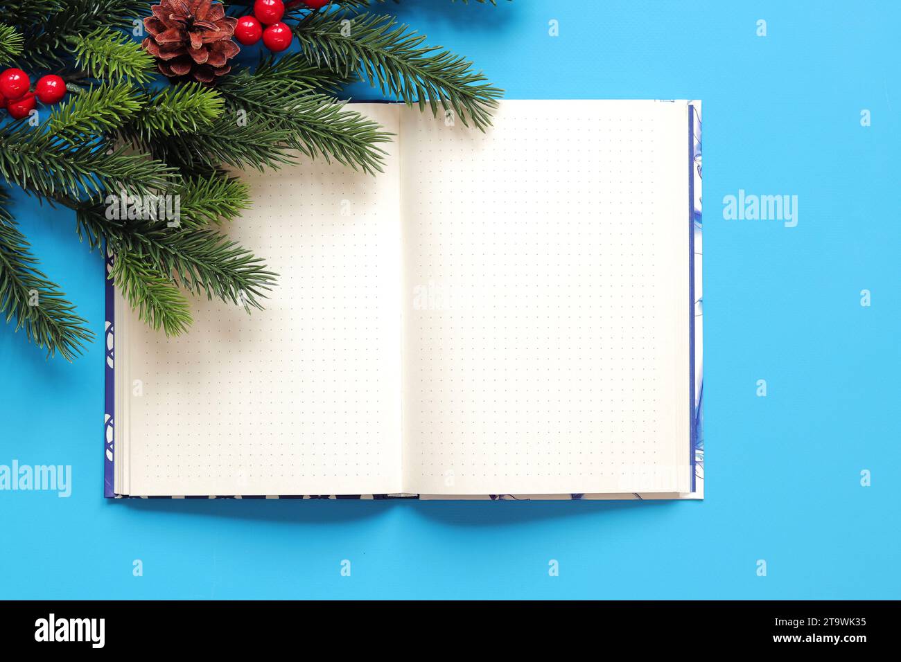 Open notebook on a blue background, spruce branch, top view, empty space. Copy space. Christmas branch and diary for notes Stock Photo