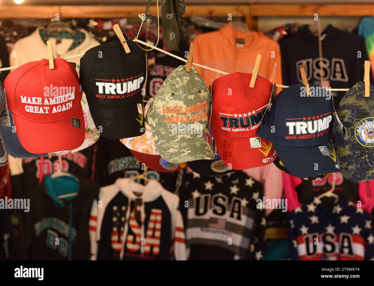 Washington, DC - June 1, 2018: The baseball caps with the words Trump and Make America Great Again sele in souvenir shop in Washington DC, USA. Stock Photo