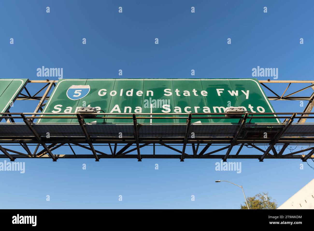 Los Angeles Interstate 5 Golden State Freeway sign to Santa Ana or Sacramento California. Stock Photo