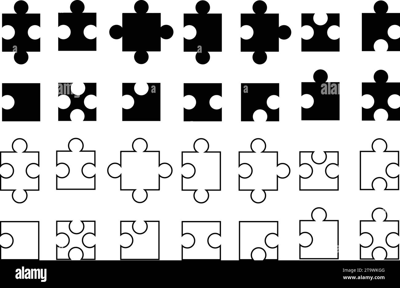 Puzzle pieces icon symbol flat and line set. Puzzle game sign collection. Jigsaw vector group. Stock Vector