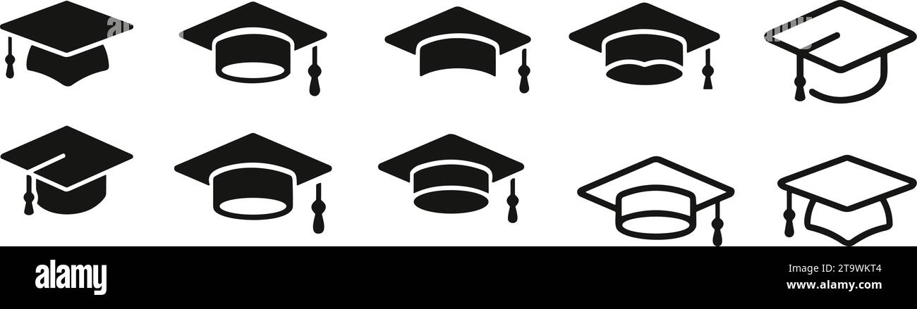 Graduation hat cap icons set. Academic cap. Graduation student black cap and diploma - stock vector. university or college black cap Stock Vector