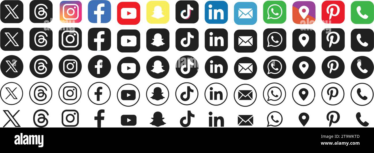Set of Facebook, threads, X, twitter, Instagram, YouTube, snapchat, Pinterest, WhatsApp, LinkedIn, tiktok, Email, phone call and location app Collecti Stock Vector