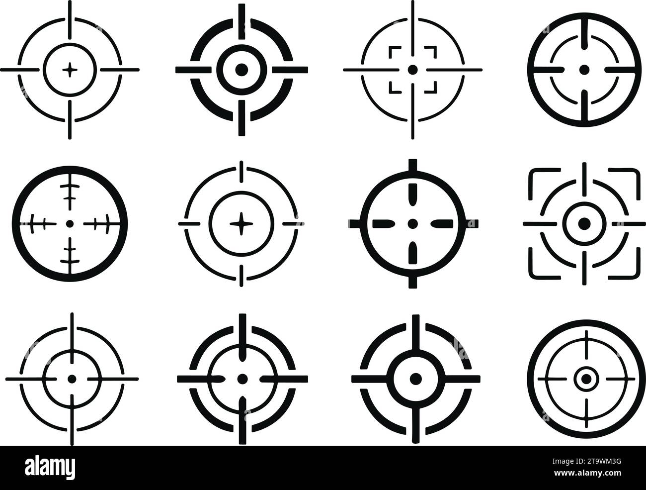 Different icon set of targets and destination. Target and aim, targeting and aiming. Crosshair, gun sight vector icons. Bullseye, black target or aim Stock Vector