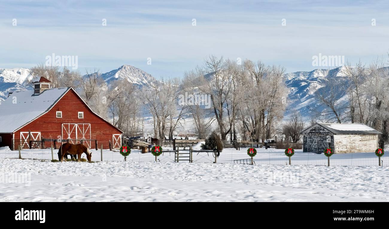 A snow-covered ranch in Bozeman, Montana. Stock Photo