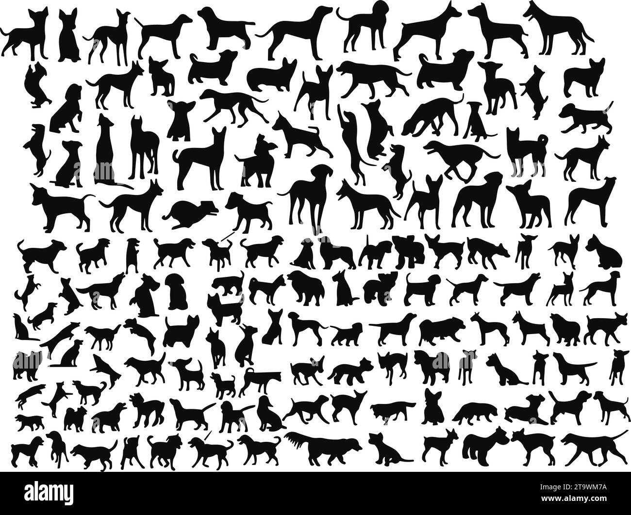 Dogs silhouettes set. puppy characters design collection with flat black color in different poses. Set of funny pet animals Stock Vector