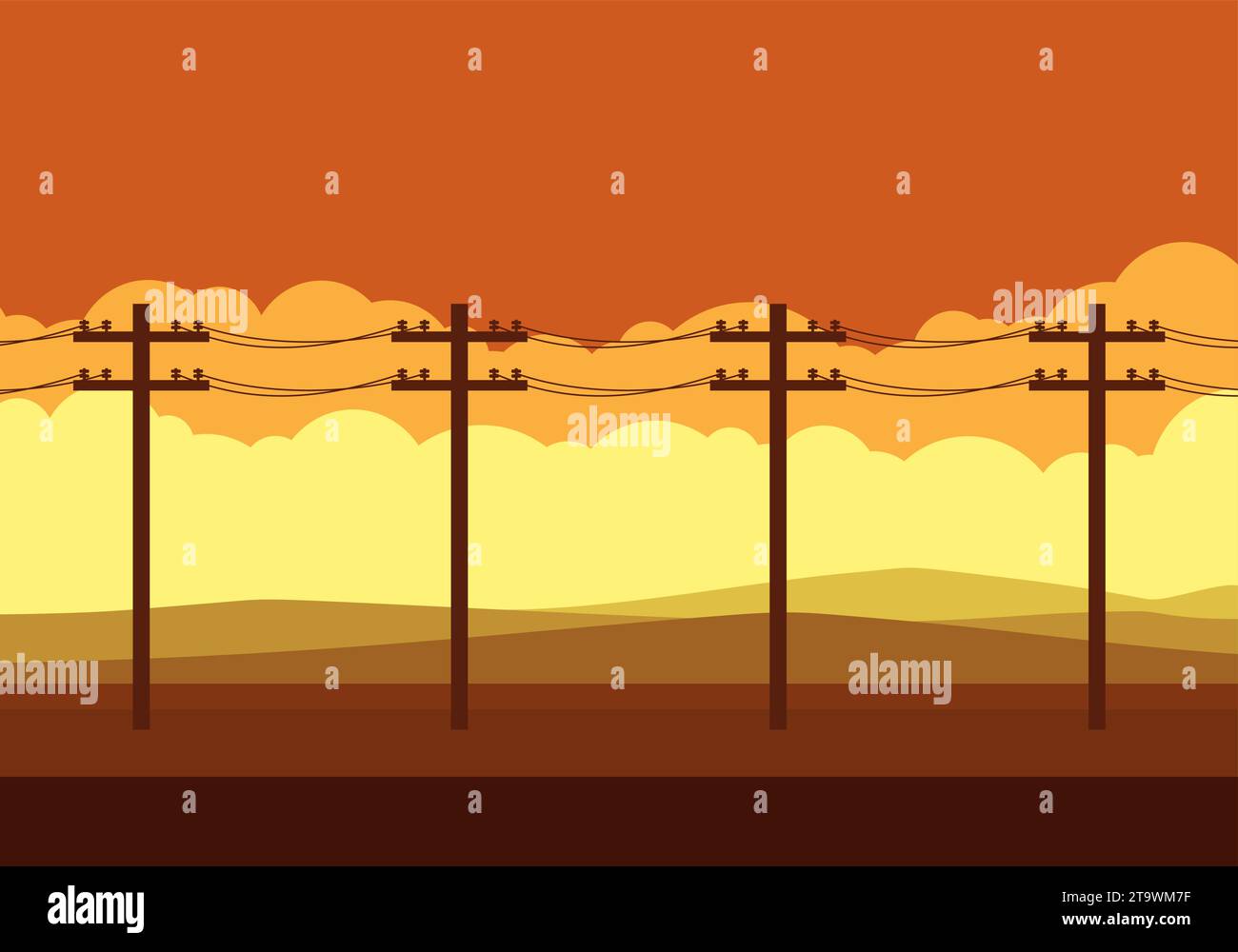 Power pole in front of hills with landscape mode and beautiful sunset. electricity pole along the way. Utility pole Electricity concept. High voltage Stock Vector