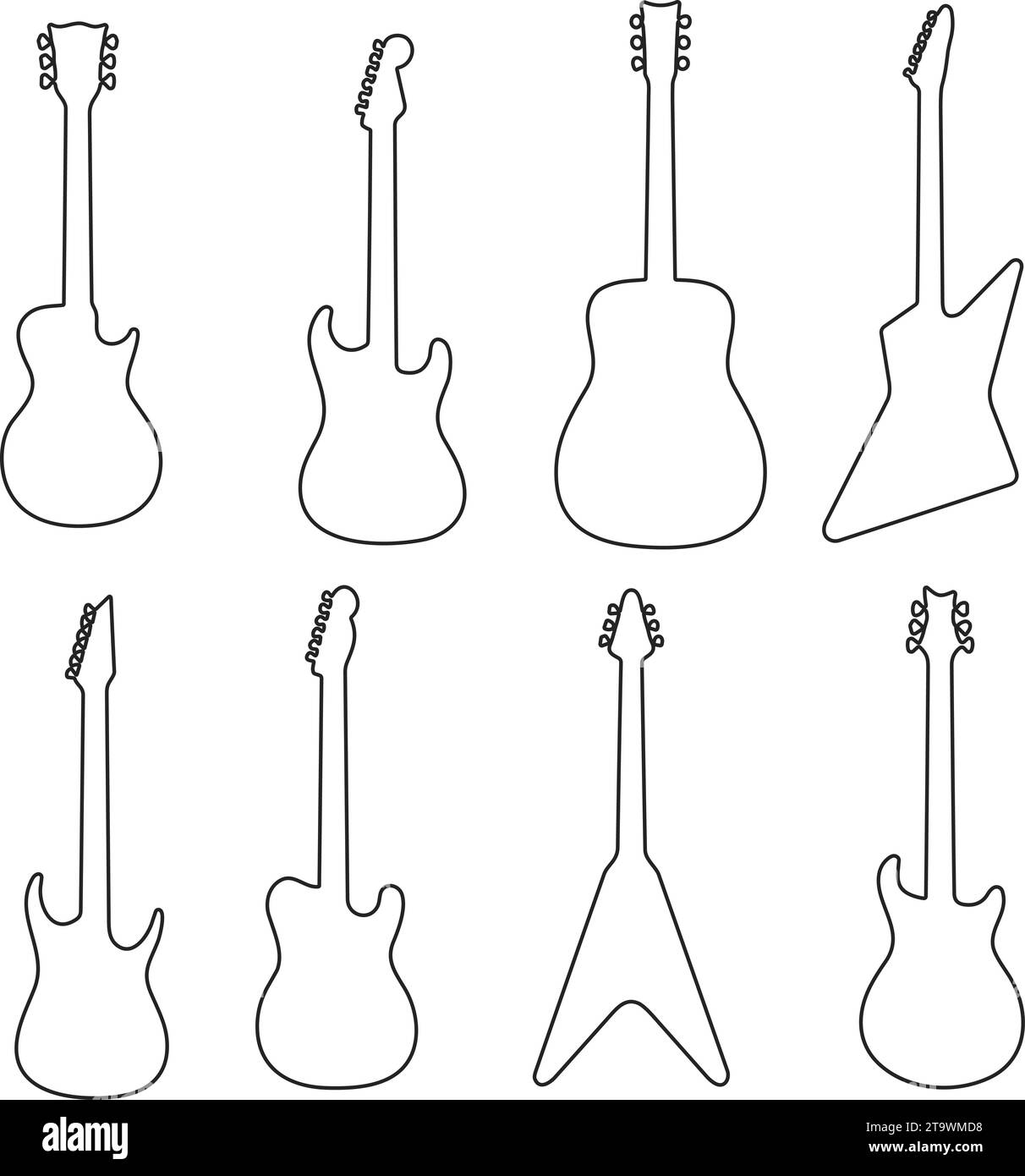 Black line guitars collection. Acoustic and electric guitar musical instruments Vector silhouette guitar doodle set. Stock Vector