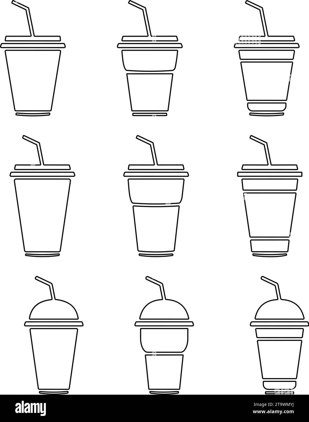 Disposable plastic coffee or tea cup with straw icon vector set. cold
