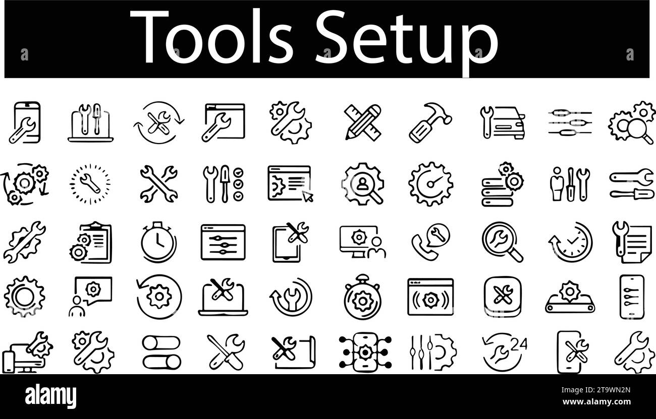 Tools setup line icons set. Setting and setup icons, Repair Related Vector symbol. Screwdriver, Gear, Recovery services instruments. working equipment Stock Vector