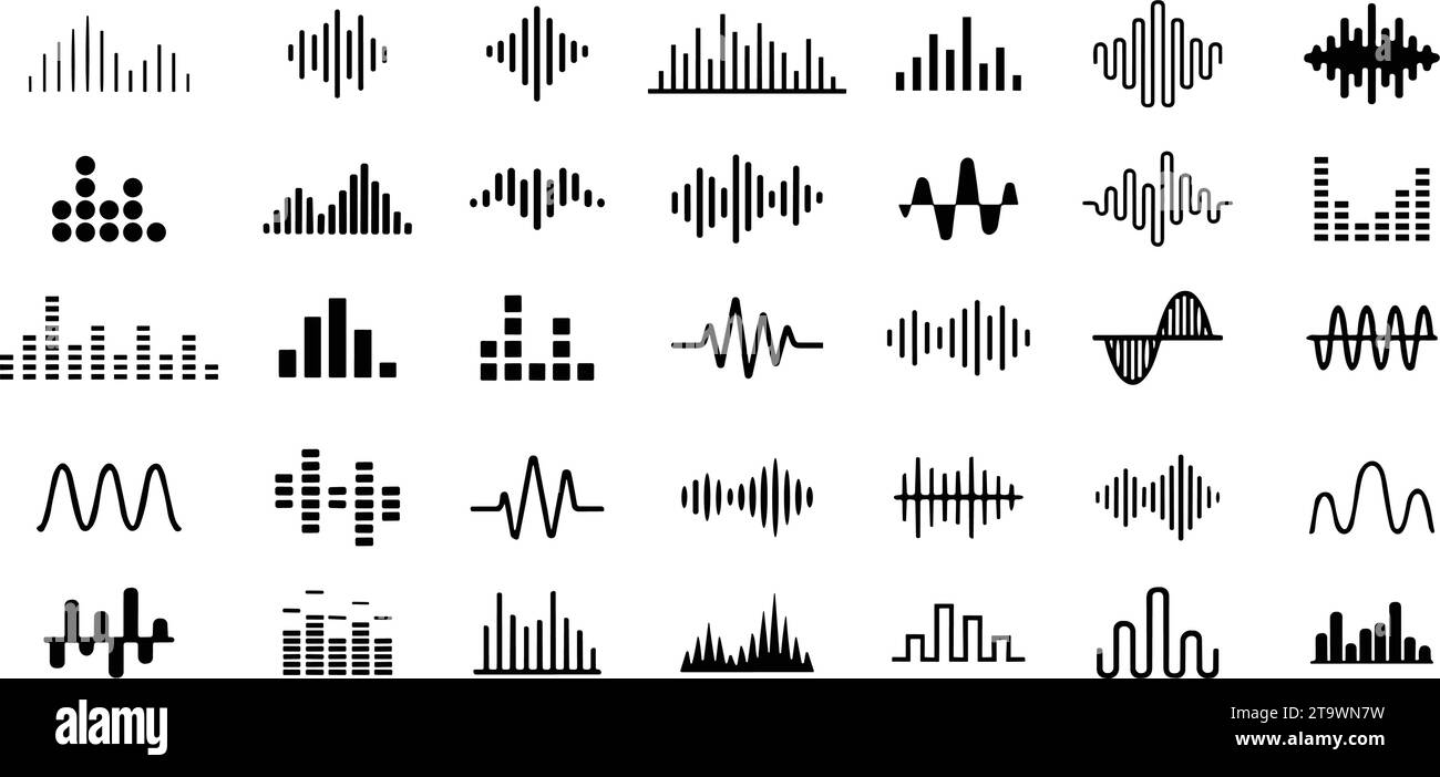 Sound waves icons set. Analog and digital audio signal collection. Music equalizer. Interference voice recording. High frequency radio wave. Vector il Stock Vector