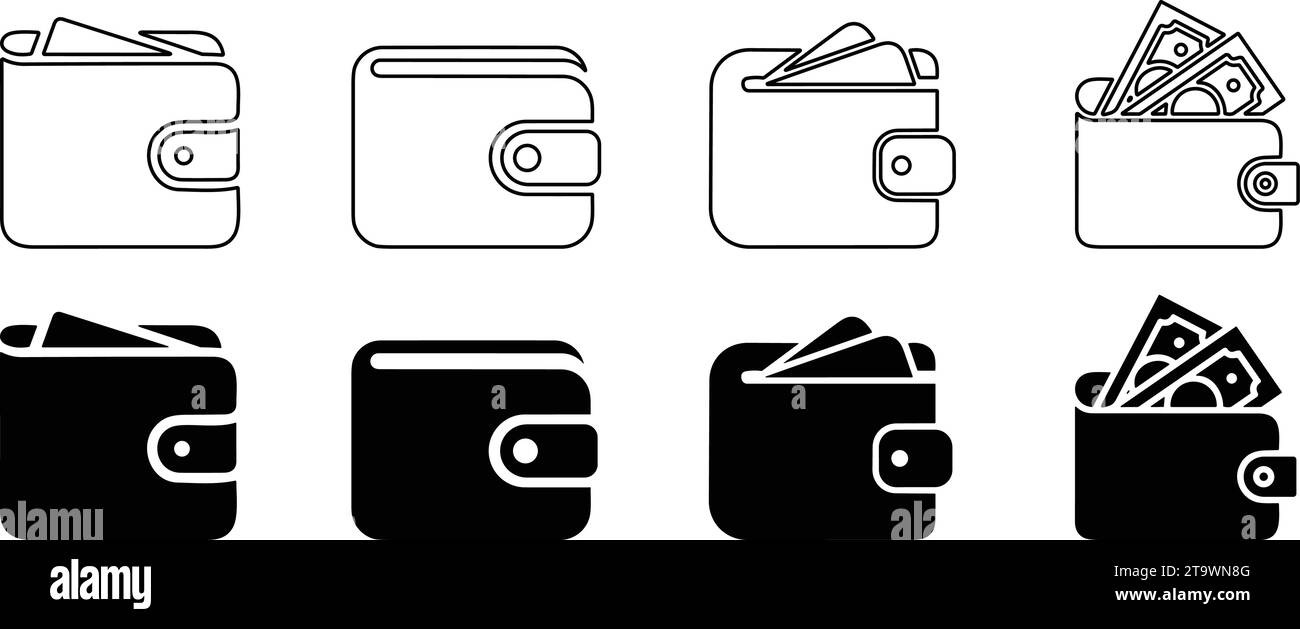Money wallet icon set in flat and line style. Wallets symbol collection. Purse sign Stock Vector