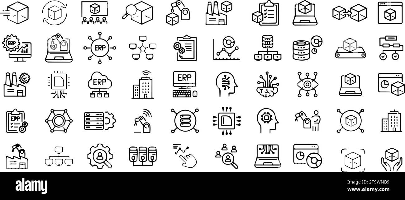 Industry or factory data and processing document line icons set. Data, finance, computer, Networking and supply chain collection Stock Vector