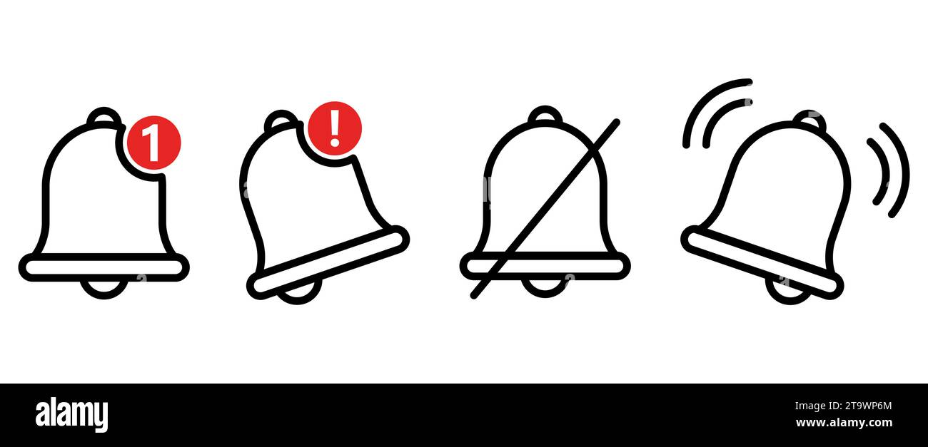 Notification bell icon set isolated on white. Black ringing bell with
