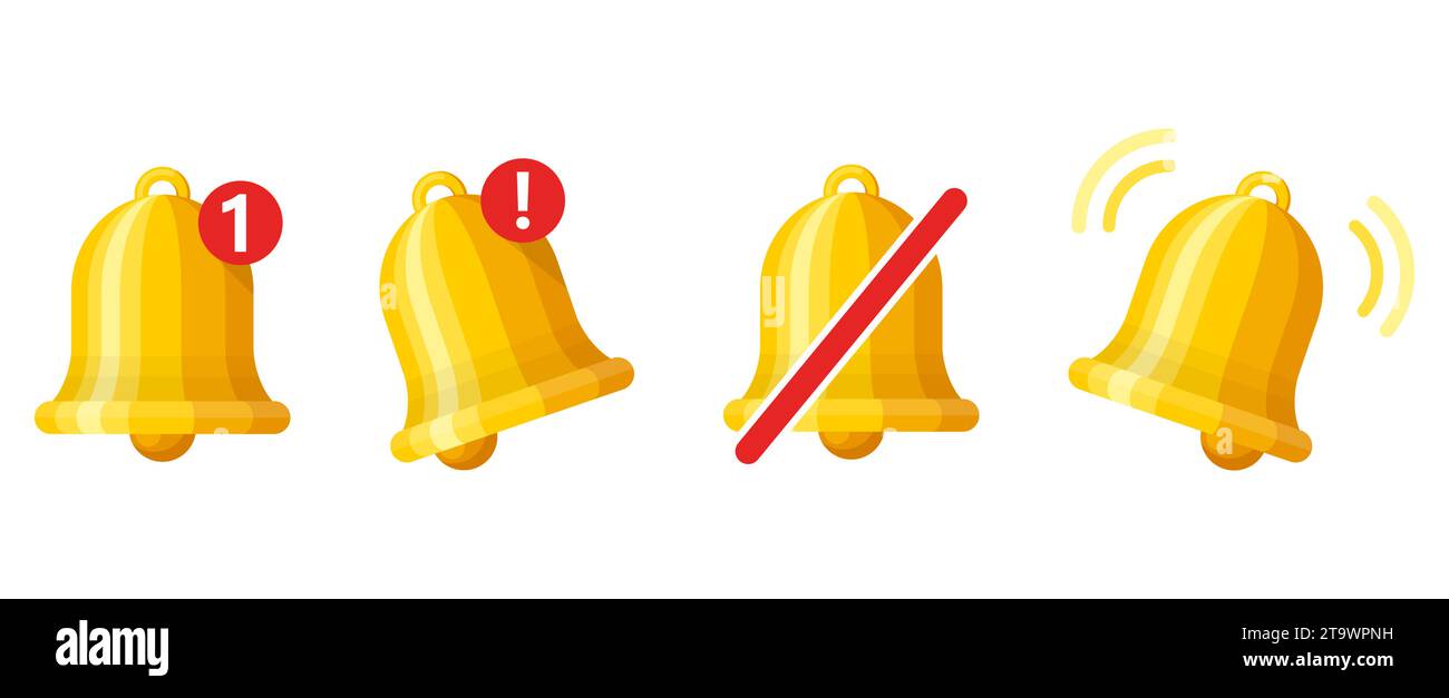 Notification bell icon set isolated on white background. Gold ringing