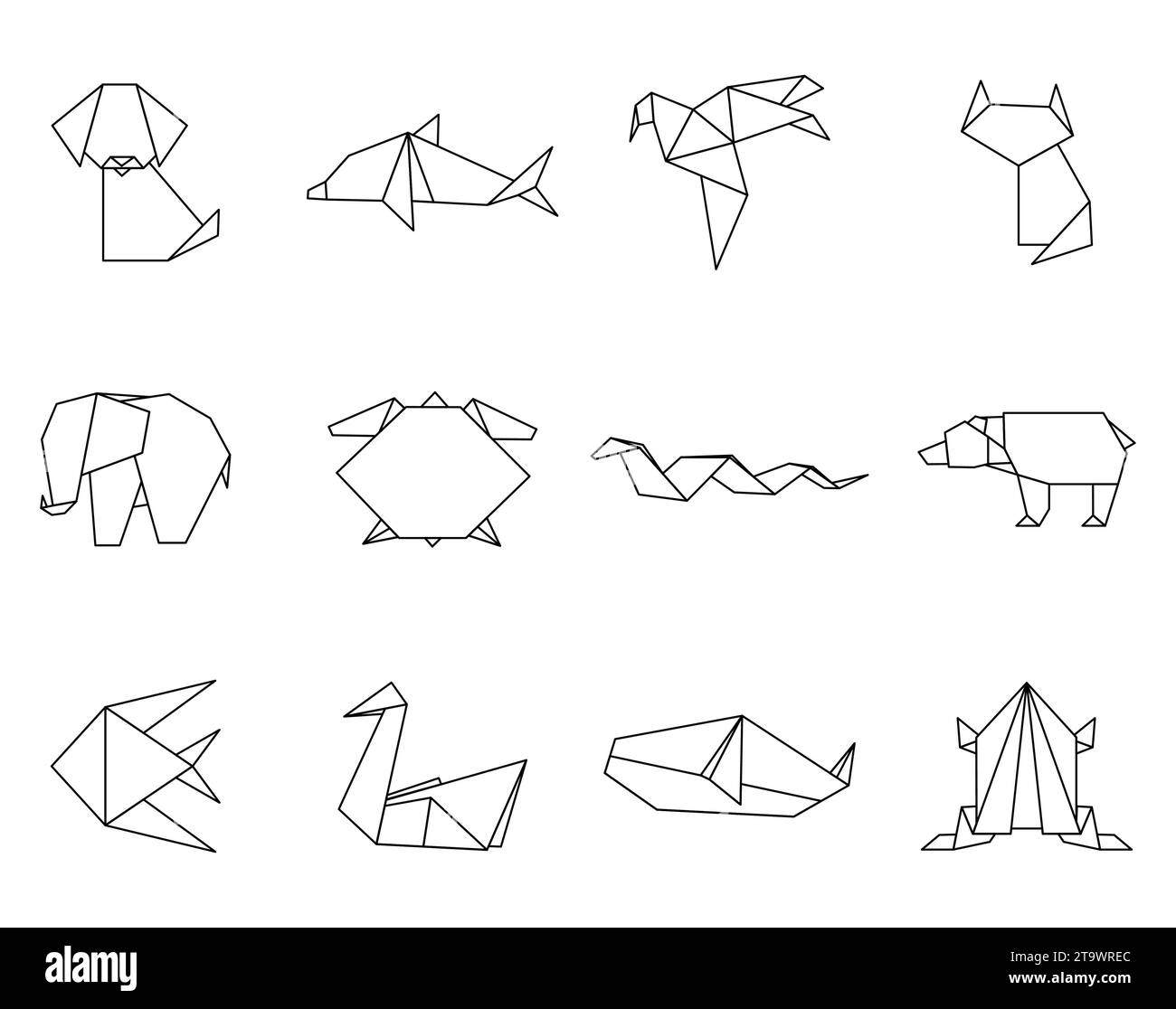 Origami japanese animals set icons. Modern hobby. Polygon folded paper figure toy. Art of paper folding. Cartoon geometric wild animal shaped figures. Stock Vector