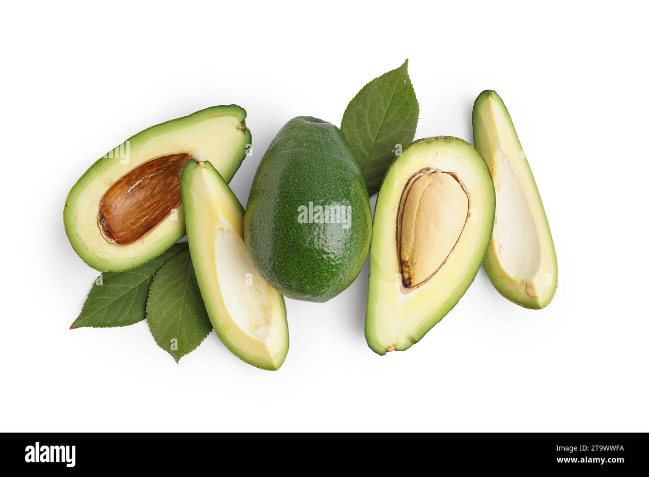 Fresh ripe avocados and leaves on white background Stock Photo - Alamy
