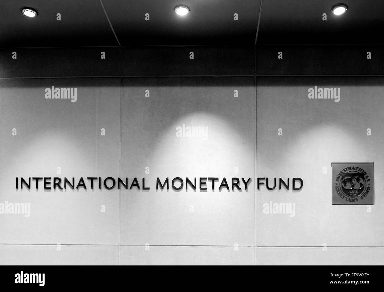 Washington, DC - June 04, 2018: Emblem of International Monetary Fund on the Headquarters 2 Building (HQ2) in DC. Stock Photo