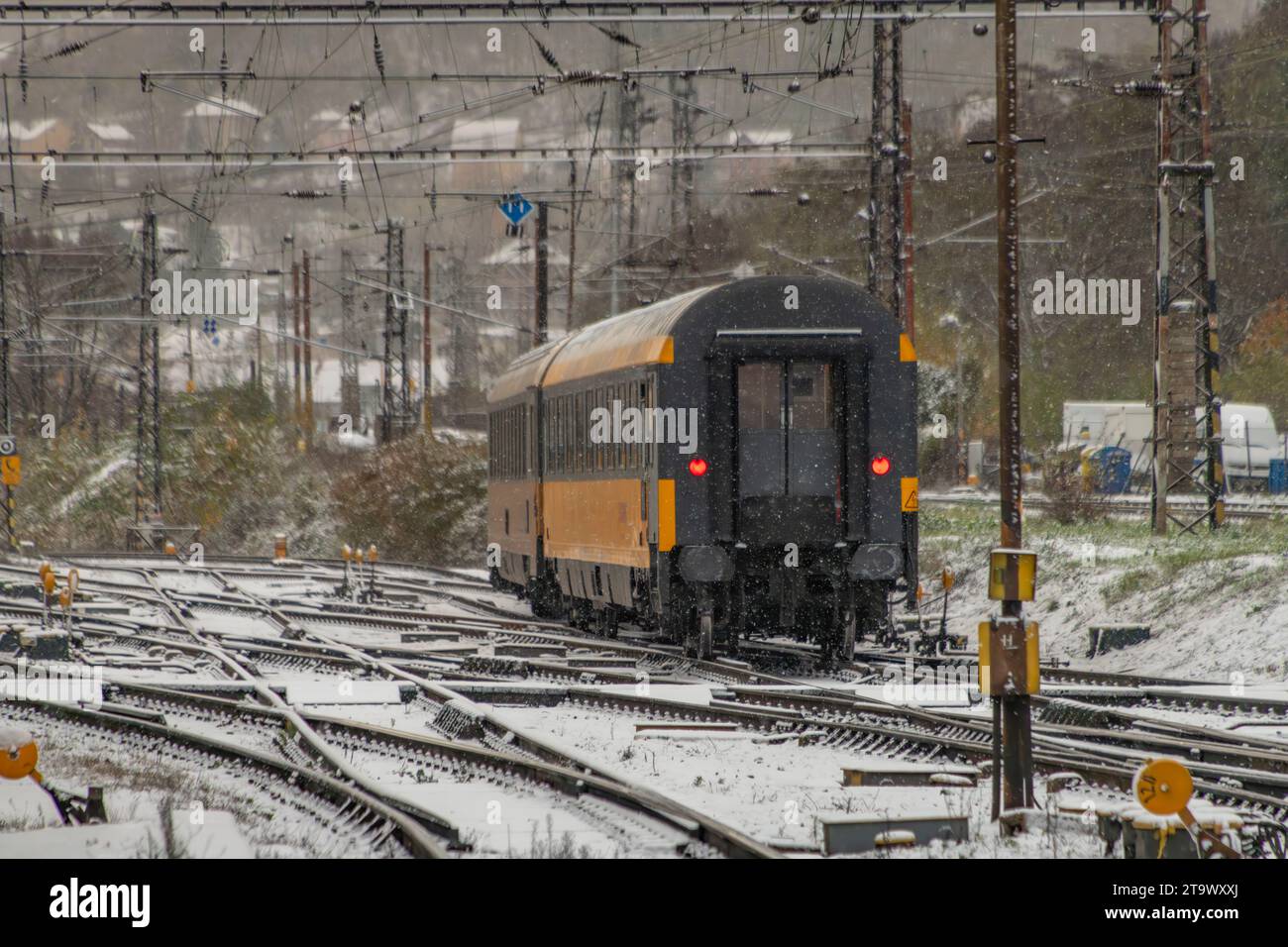Trains in cold snowy day near station in Usti nad Labem CZ 11 26 2023 ...