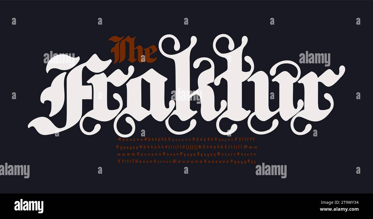 Fraktur Gothic Font. German medieval manuscript alphabet with many
