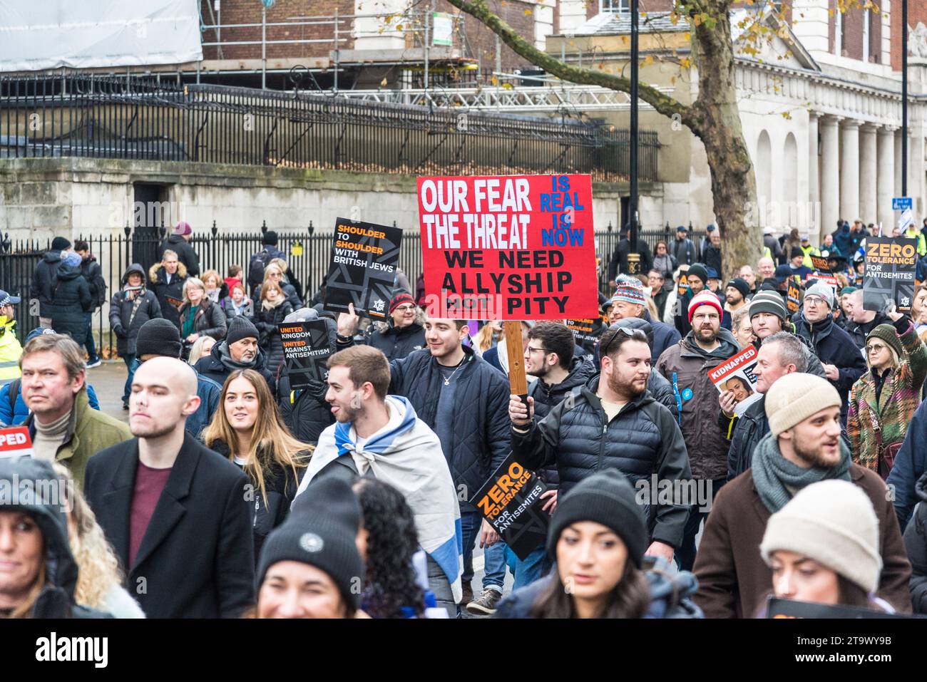 Our Fear is Real, The Threat is Now placard, March against antisemitism, tens of thousands people protest against a rise in hate crimes against Jews, Stock Photo
