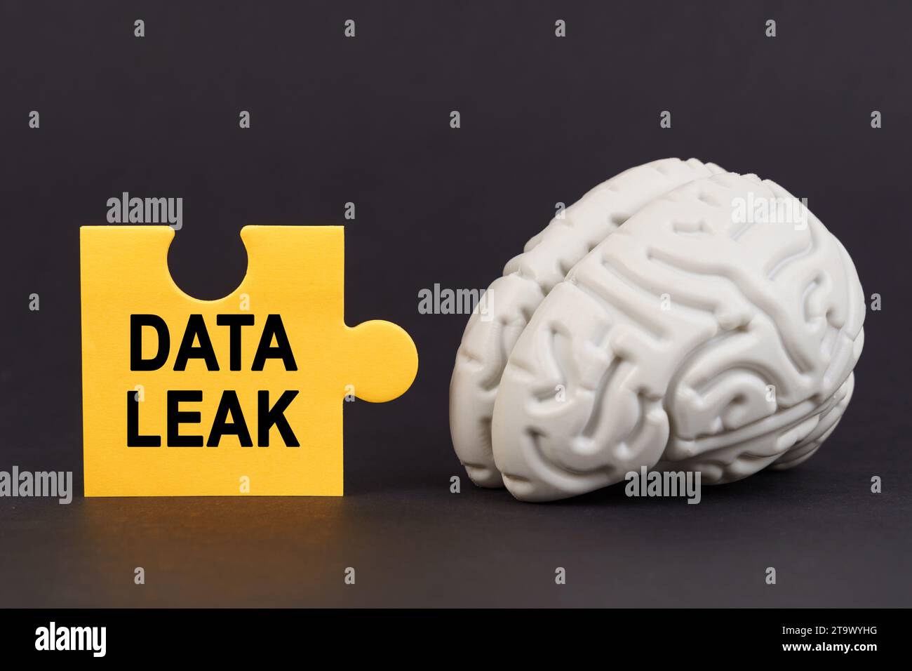 On a black surface there is a brain and a yellow puzzle with the inscription - DATA LEAK. Science and technology concept. Stock Photo