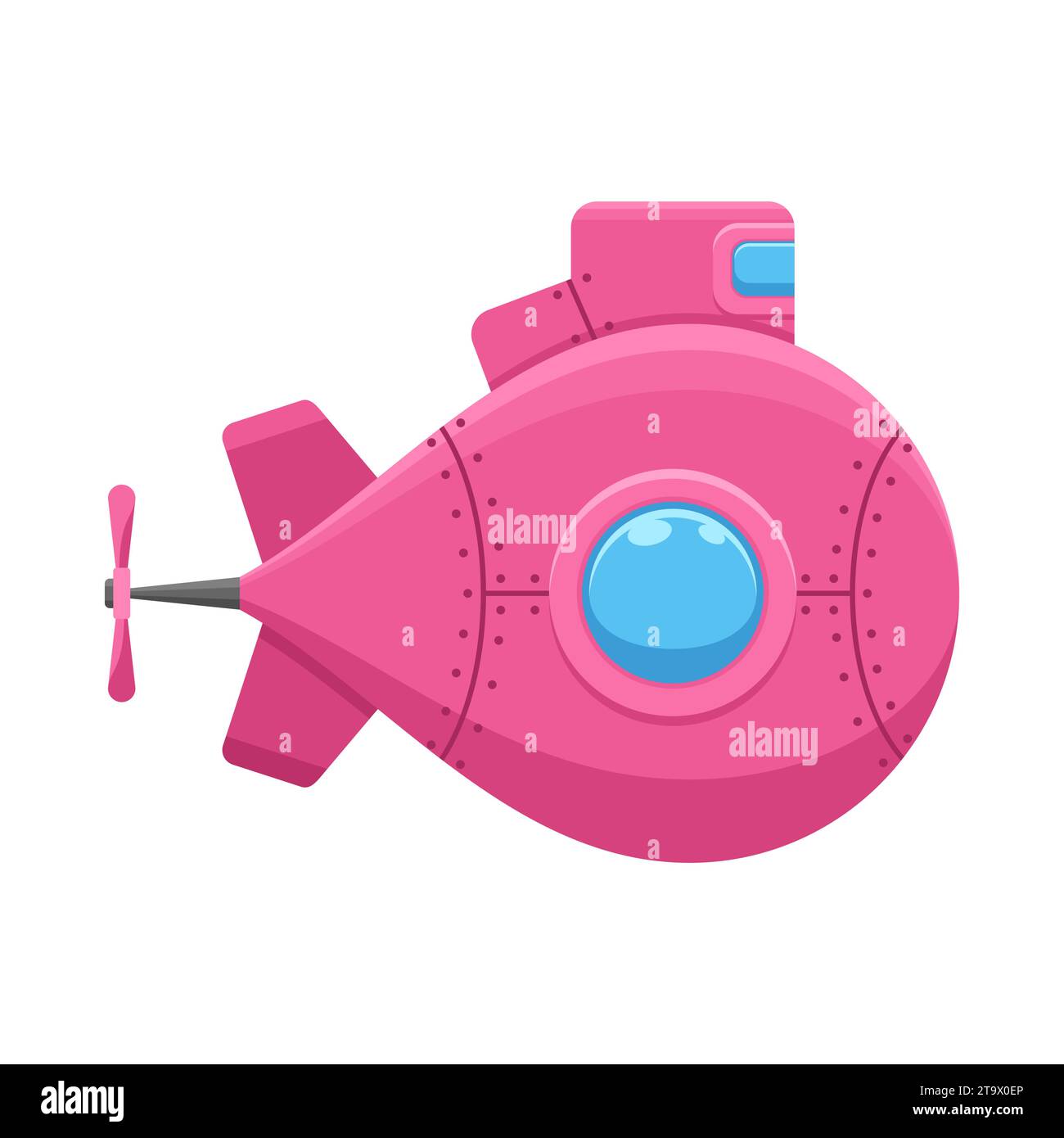 Pink submarine with periscope isolated on white background. Underwater ship, bathyscaphe floating under sea water. Vector illustration. Stock Vector