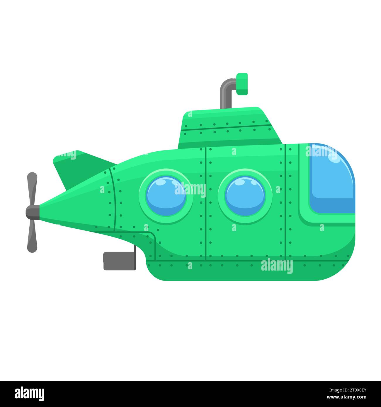 Green submarine with periscope isolated on white background. Underwater ship, bathyscaphe floating under sea water. Vector illustration. Stock Vector