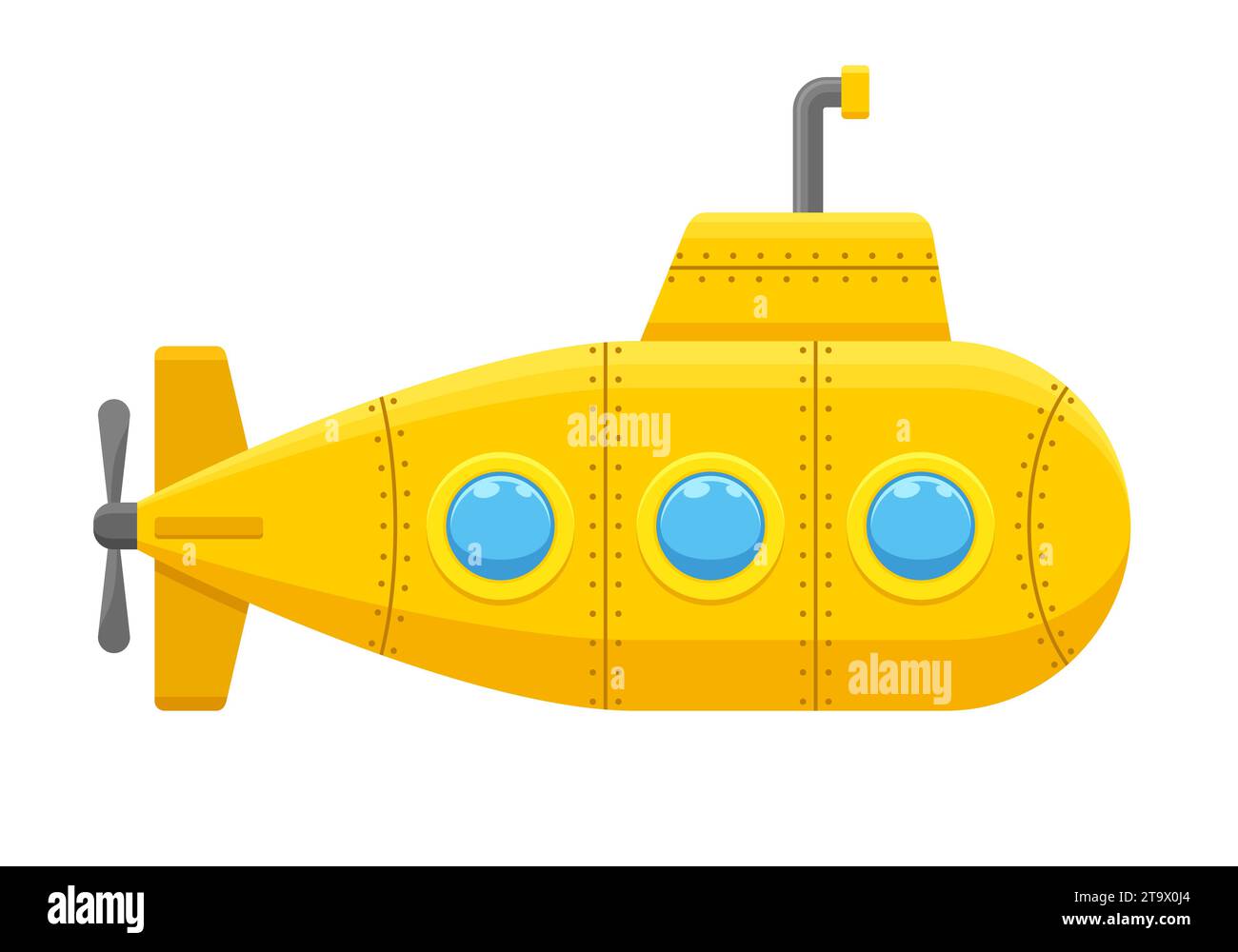 Yellow submarine with periscope isolated on white background. Underwater ship, bathyscaphe floating under sea water. Vector illustration. Stock Vector