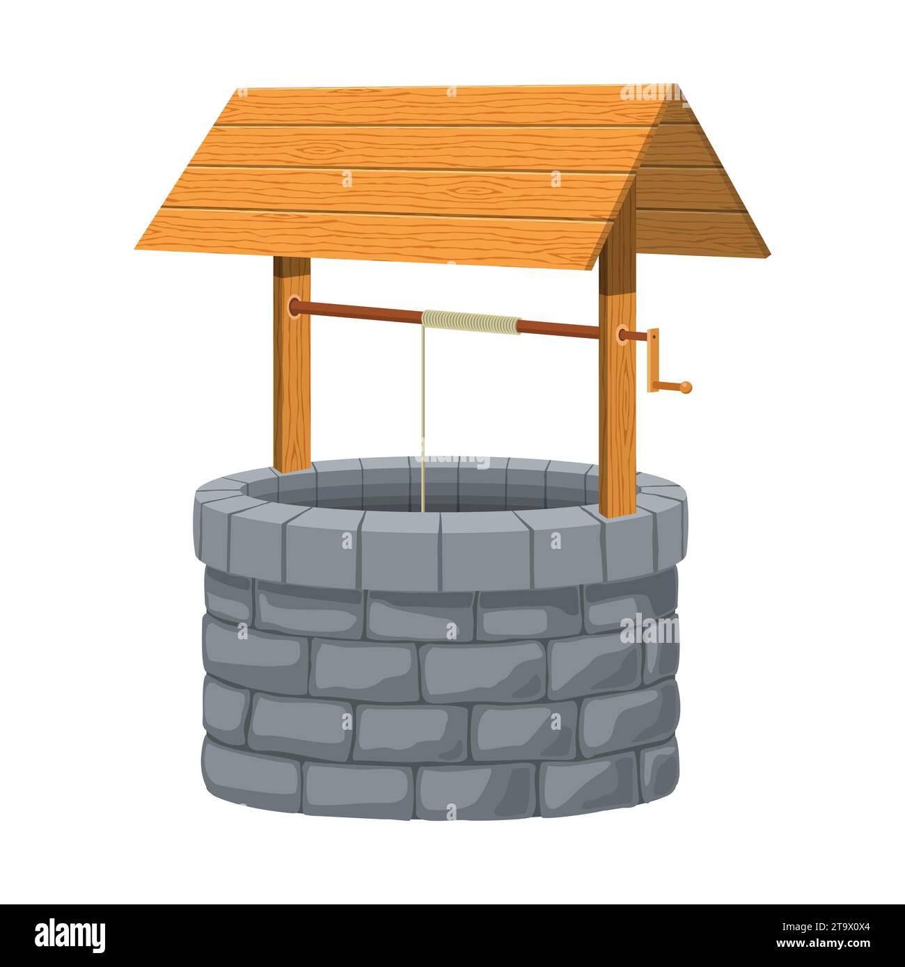 Old village stone water well with wooden roof isolated on white background. Rustic stone protective cover old traditional drinking water lift Stock Vector