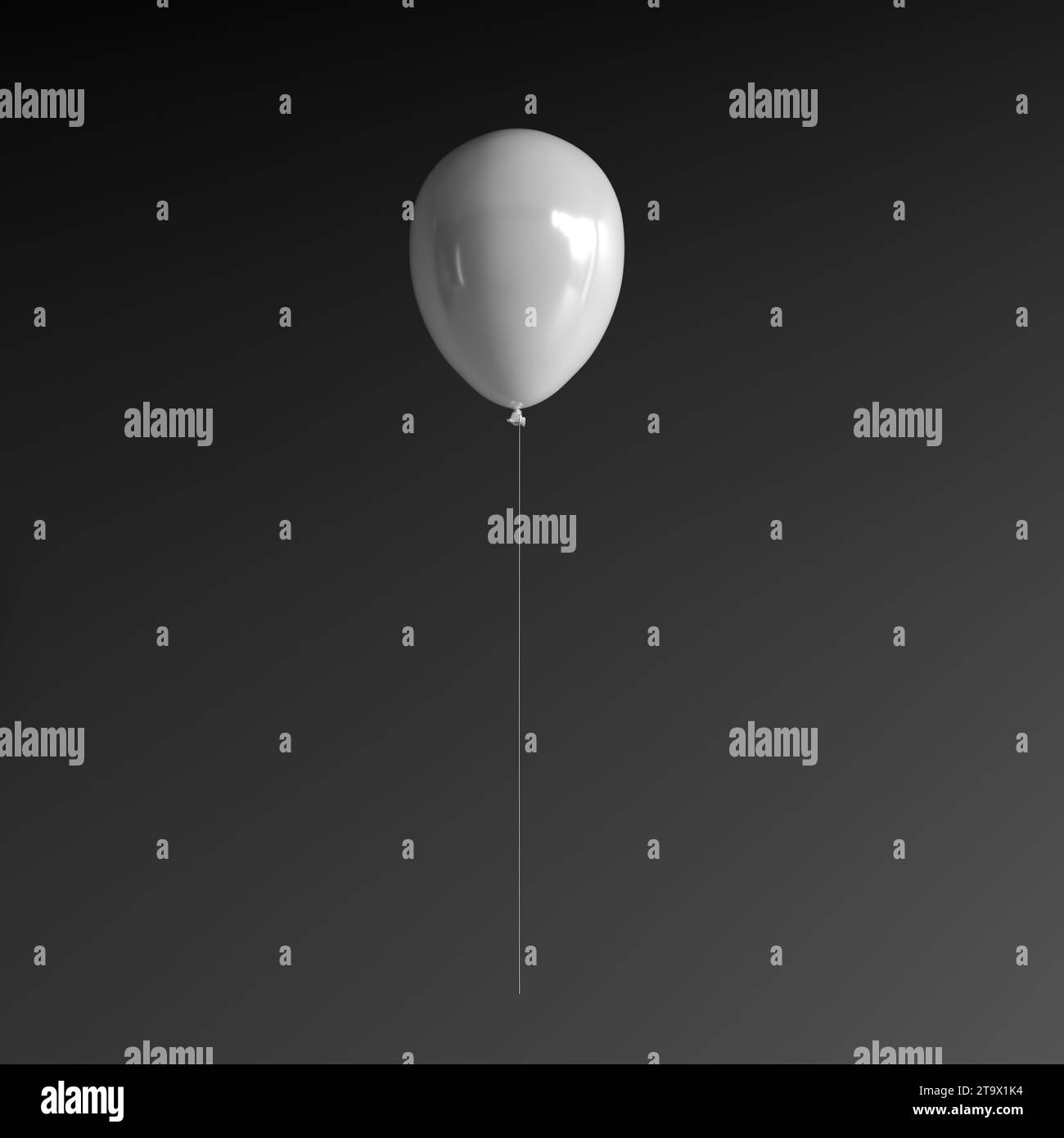 White Balloon on a Black Studio Background. Holiday Concept. Front View. 3D Rendering. Stock Photo