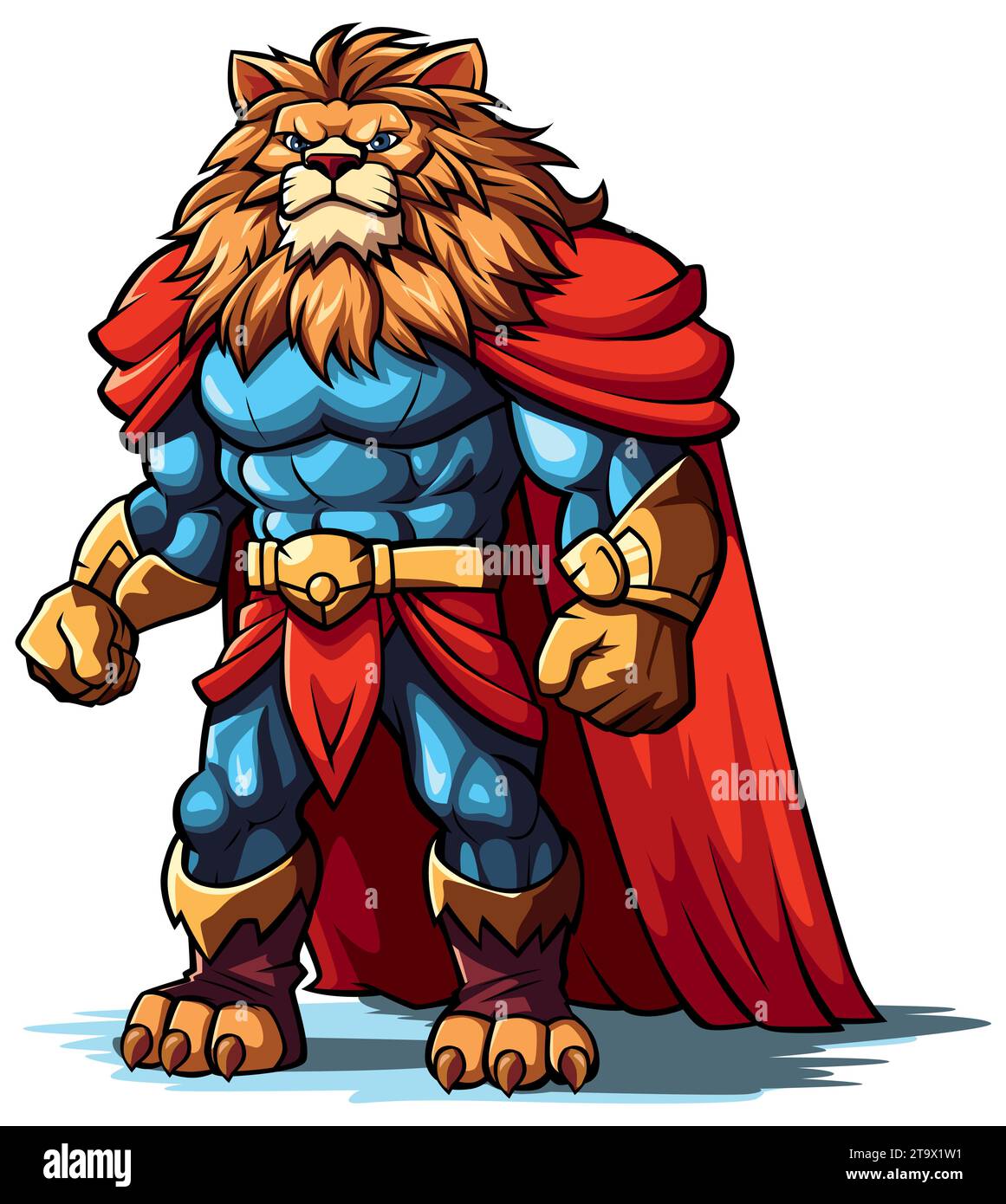 Anthropomorphic lion character dressed in a superhero costume, with a blue suit, red cape, and golden accents. Stock Vector