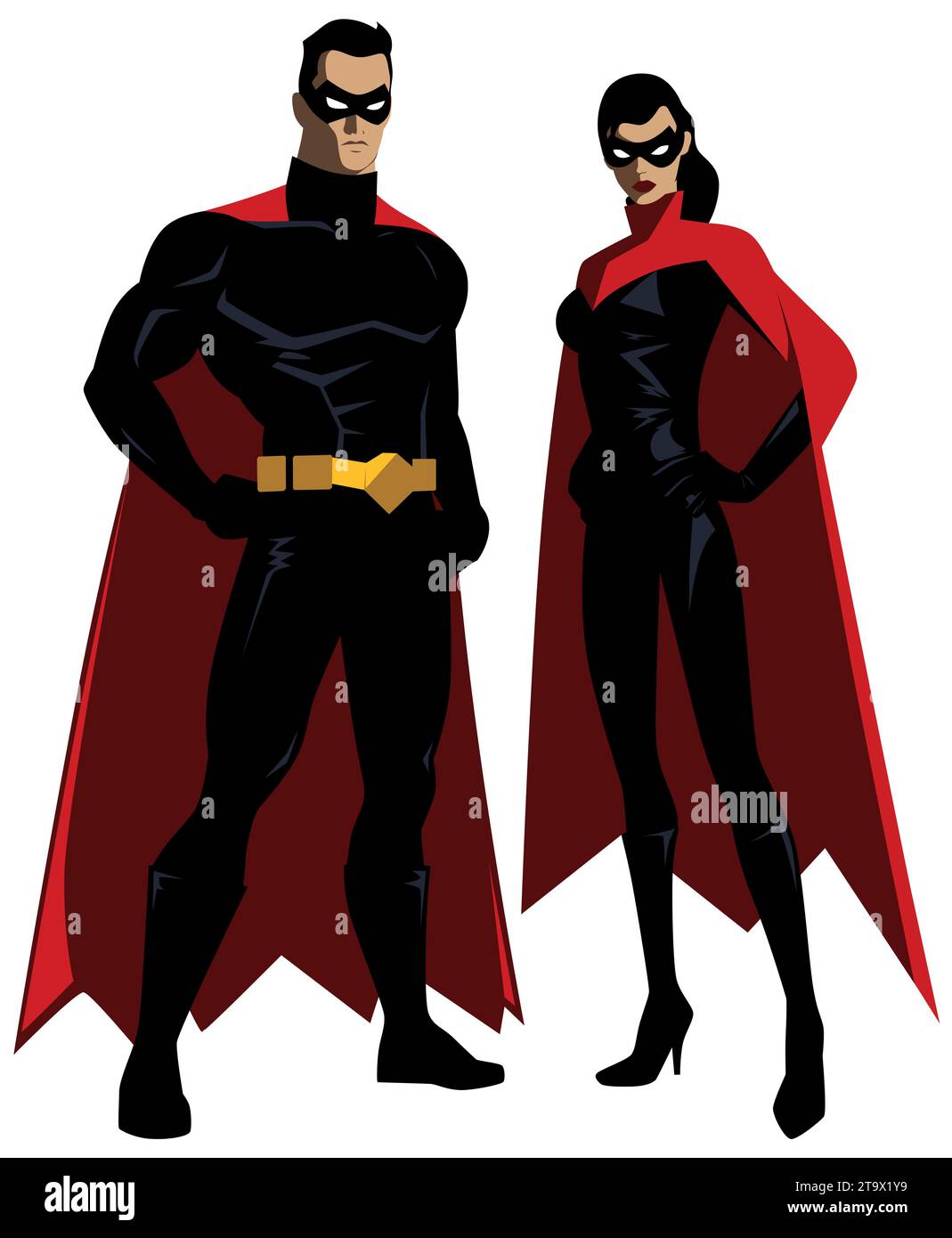 Two superheroes stand confidently, draped in flowing red capes. The
