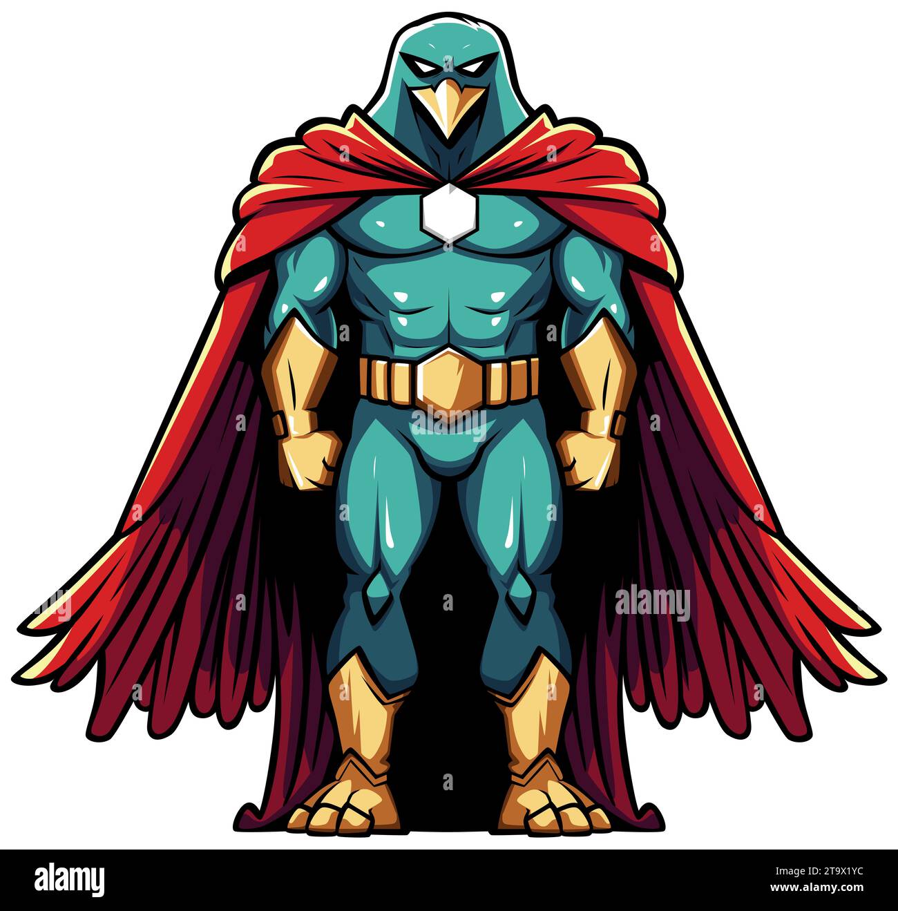 Anthropomorphic eagle character in a superhero outfit, with a teal and ...