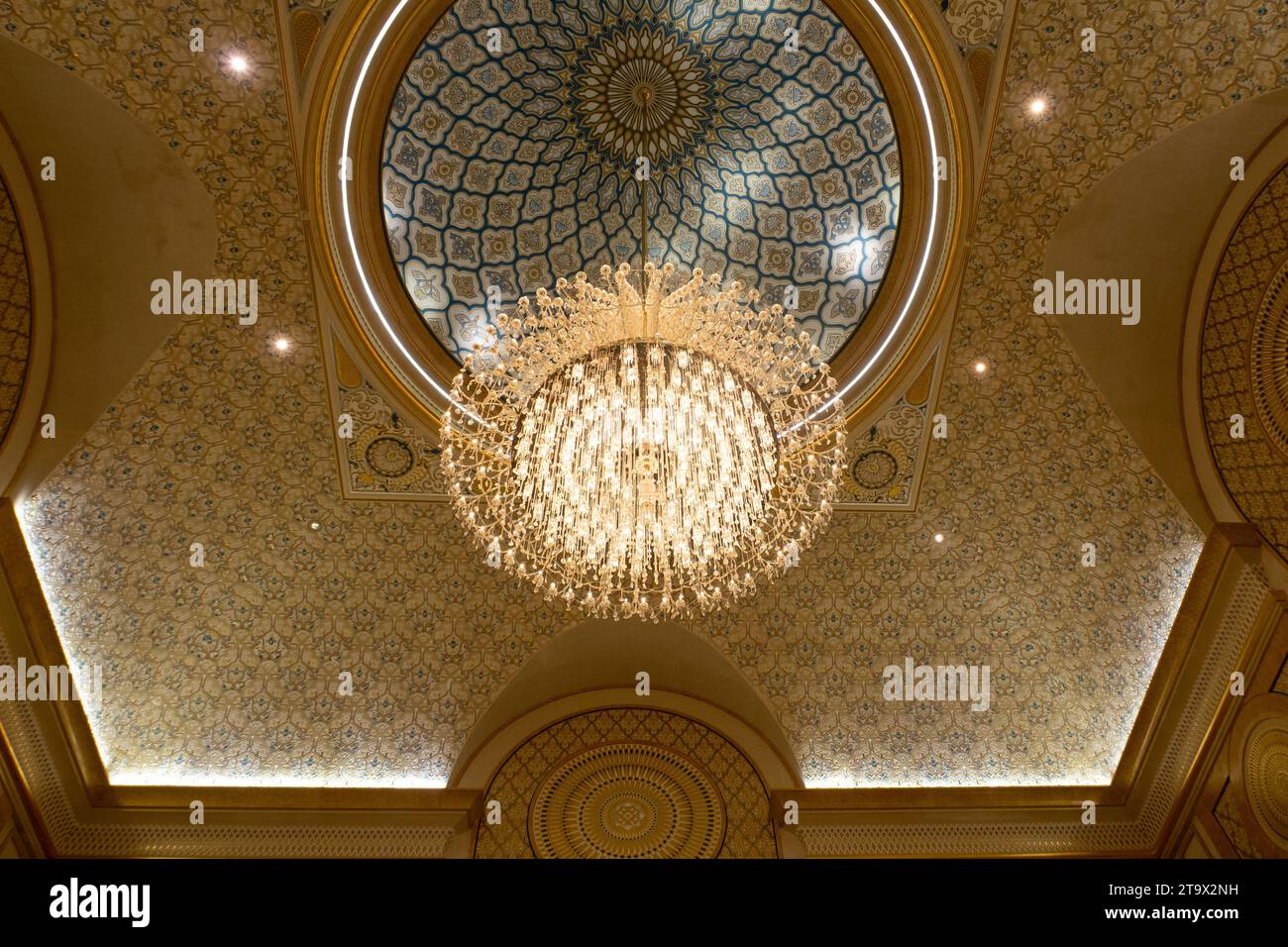 Abu Dhabi, UAE, 08.02.2020. UAE Presidential Palace Qasr Al Watan, opened to public, view of priceless chandelier with Swarovski crystals. Stock Photo