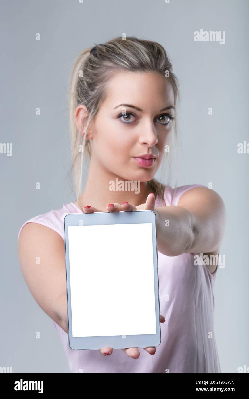 Modern communicator showcases tablet, perfect for tech presentations Stock Photo