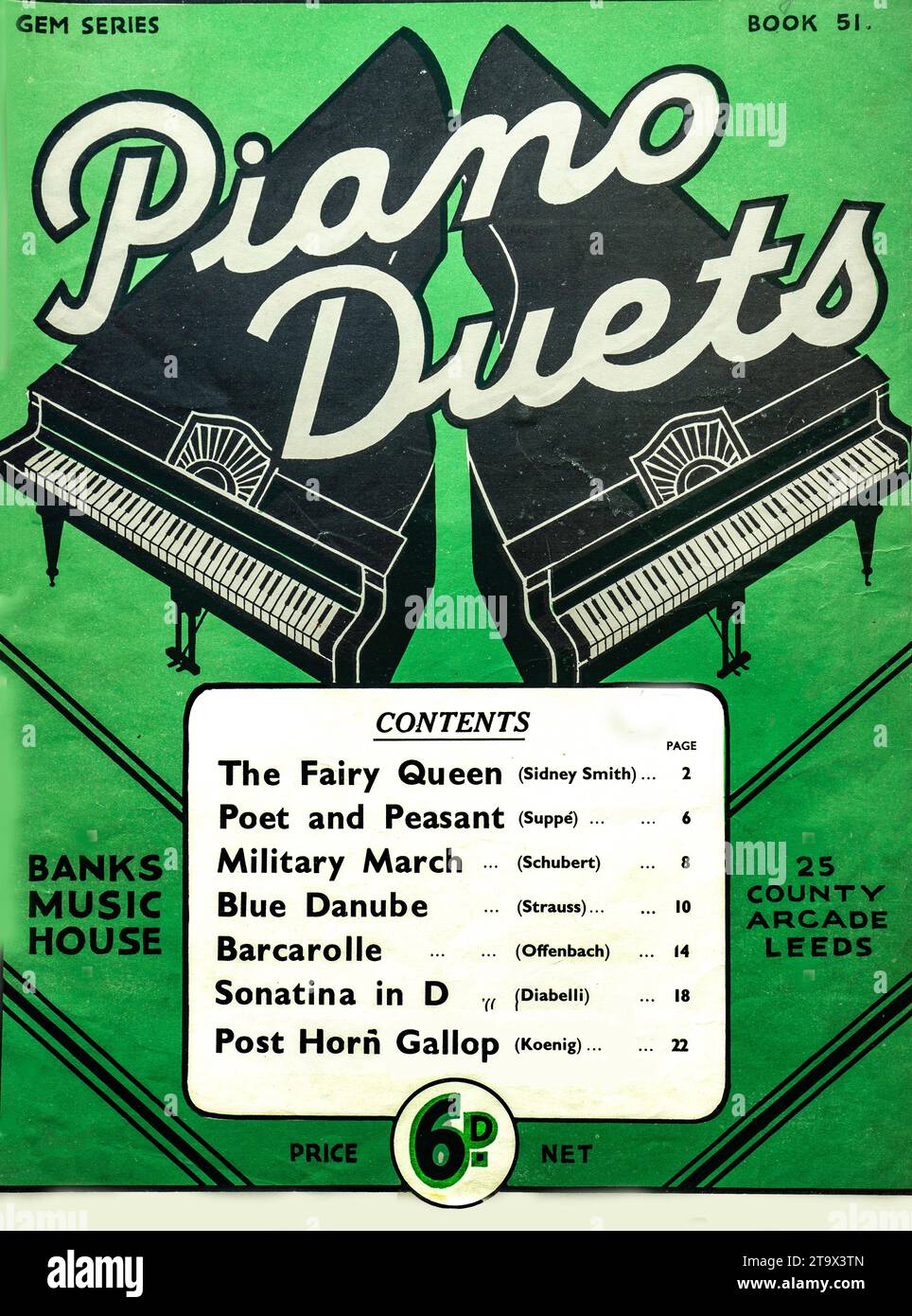 Vintage sheet music book cover for piano duets, featuring classic compositions. image only. Stock Photo