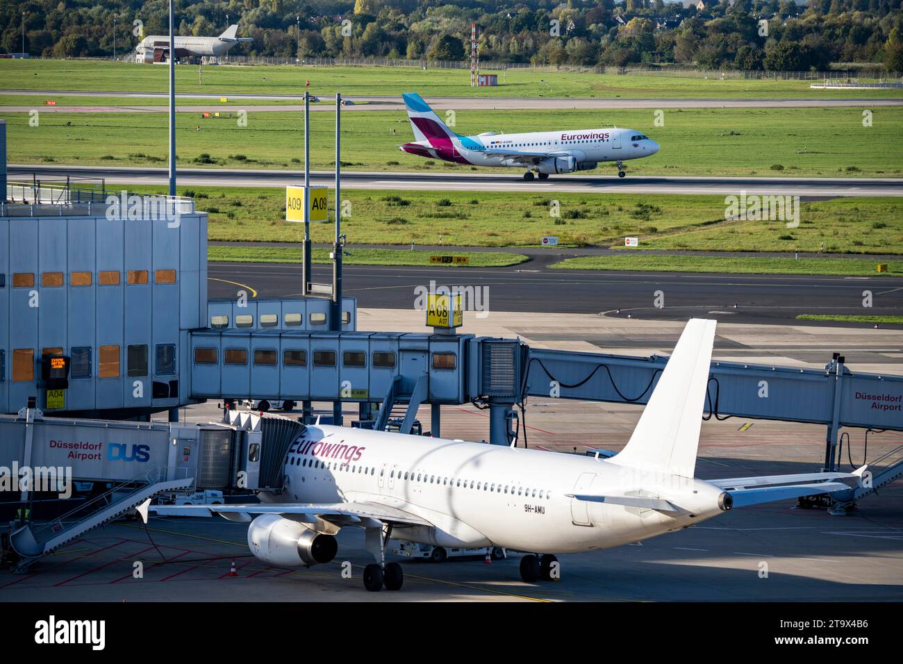 Düsseldorf Airport, Eurowings aircraft at Terminal A, on approach, Stock Photo