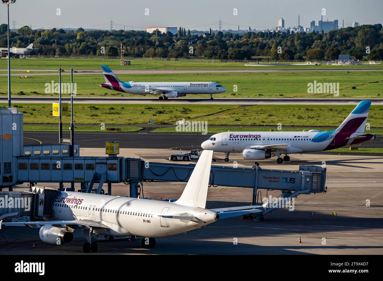 Düsseldorf Airport, Eurowings aircraft after landing, on the taxiway and at Terminal A, Stock Photo