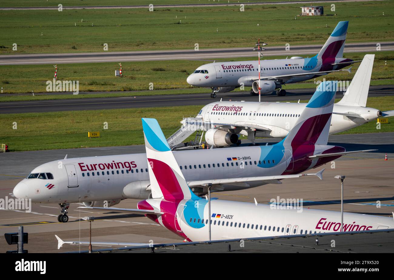 Düsseldorf Airport, Eurowings aircraft, on the taxiway and parking position Stock Photo