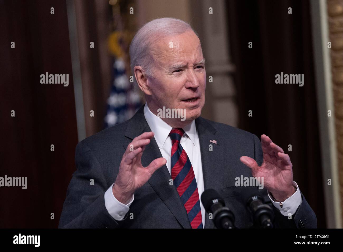 United States President Joe Biden makes remarks on actions to strengthen supply chains in the Indian Treaty Room in Washington, DC, November 27, 2023.Credit: Chris Kleponis/CNP /MediaPunch Stock Photo