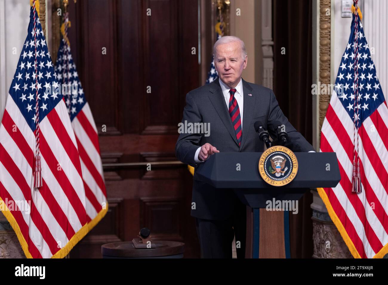 United States President Joe Biden makes remarks on actions to strengthen supply chains in the Indian Treaty Room in Washington, DC, November 27, 2023.Credit: Chris Kleponis/CNP /MediaPunch Stock Photo