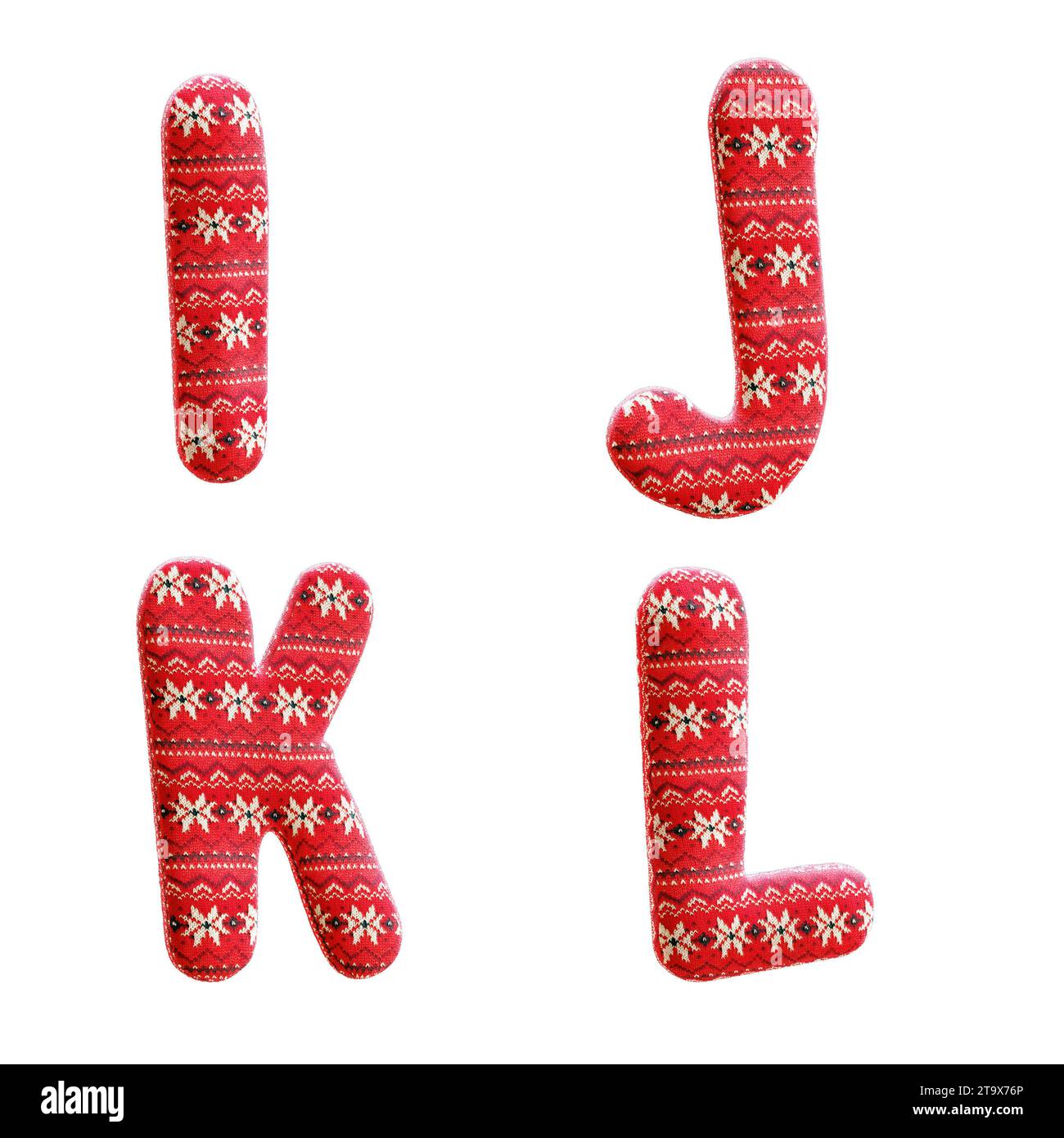 3d rendering of knitted christmas fabric alphabet - letters I-L Stock Photo