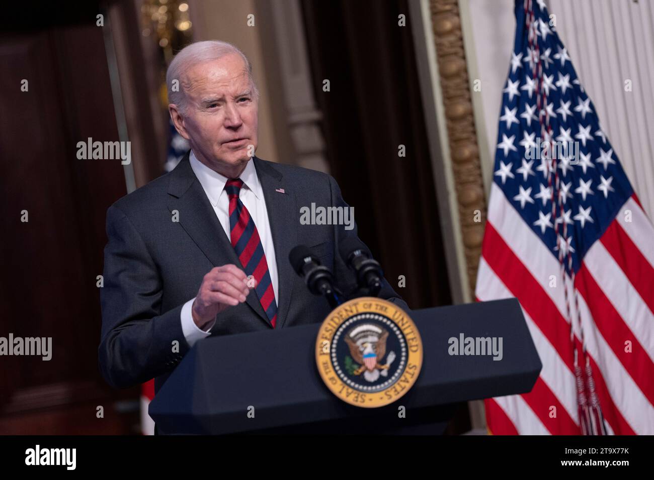 United States President Joe Biden makes remarks on actions to strengthen supply chains in the Indian Treaty Room in Washington, DC, November 27, 2023. Copyright: xChrisxKleponisx/xCNPx/MediaPunchx Credit: Imago/Alamy Live News Stock Photo