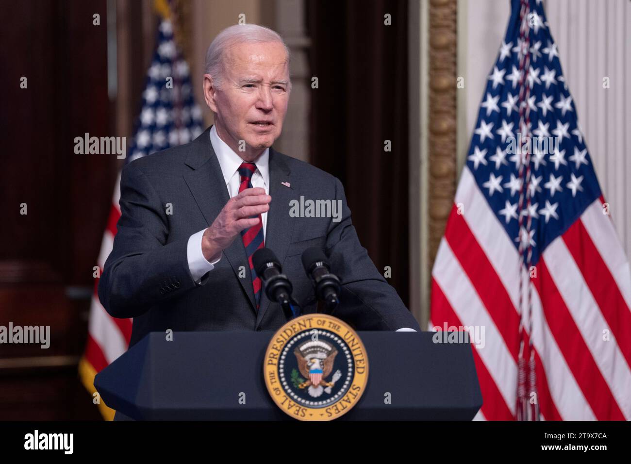 United States President Joe Biden makes remarks on actions to strengthen supply chains in the Indian Treaty Room in Washington, DC, November 27, 2023. Copyright: xChrisxKleponisx/xCNPx/MediaPunchx Credit: Imago/Alamy Live News Stock Photo