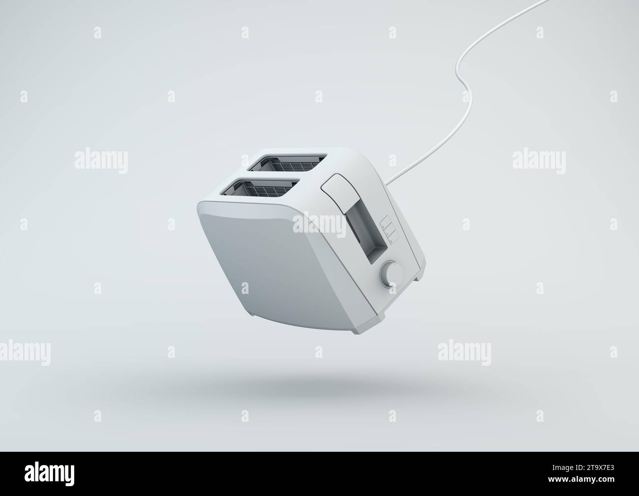 White Toaster with cord on a studio background. Minimal concept. monochrome. 3D render. Stock Photo