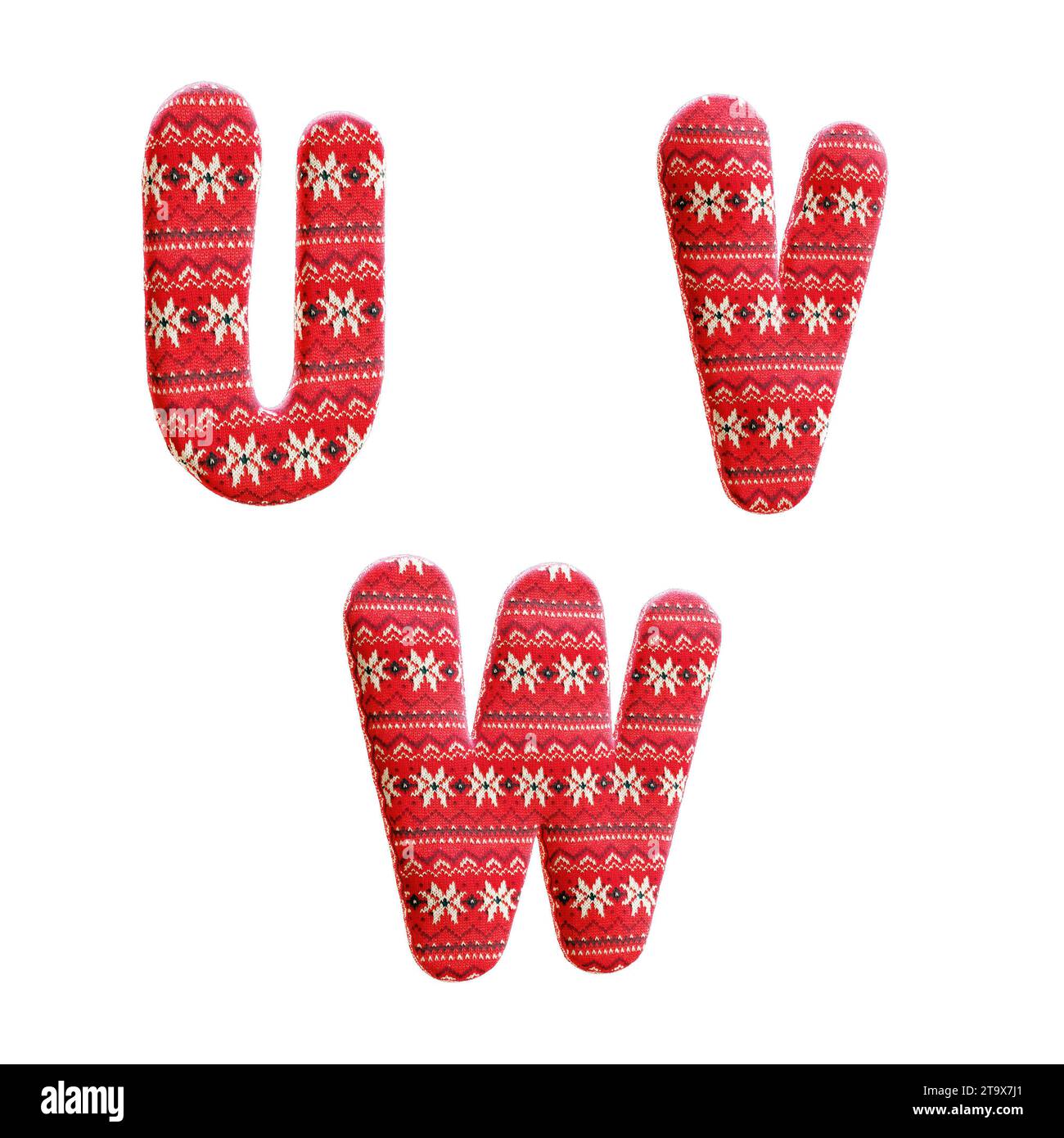 3d rendering of knitted christmas fabric alphabet - letters U-W Stock Photo