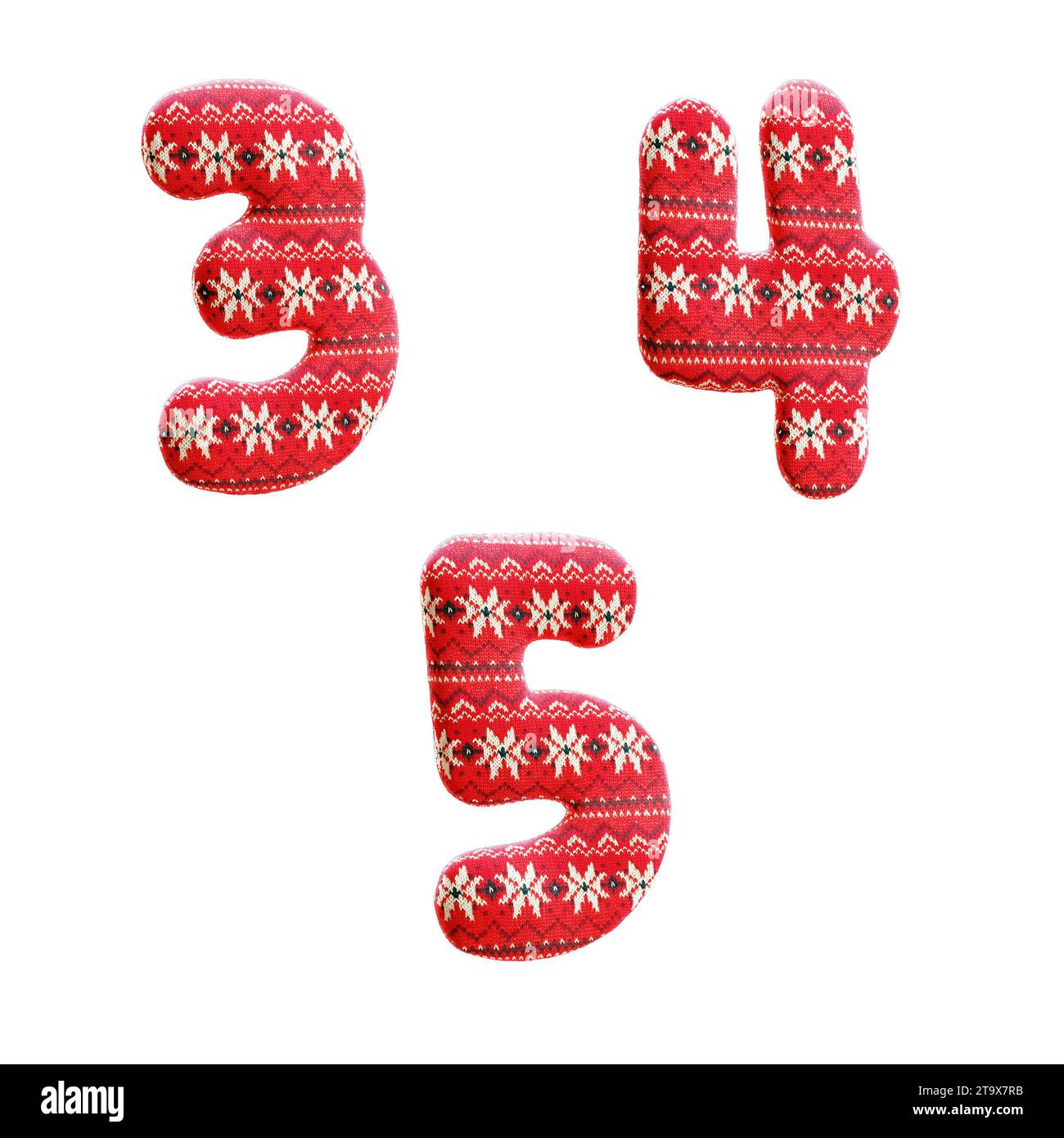 3d rendering of knitted christmas fabric alphabet - digits 3-5 Stock Photo