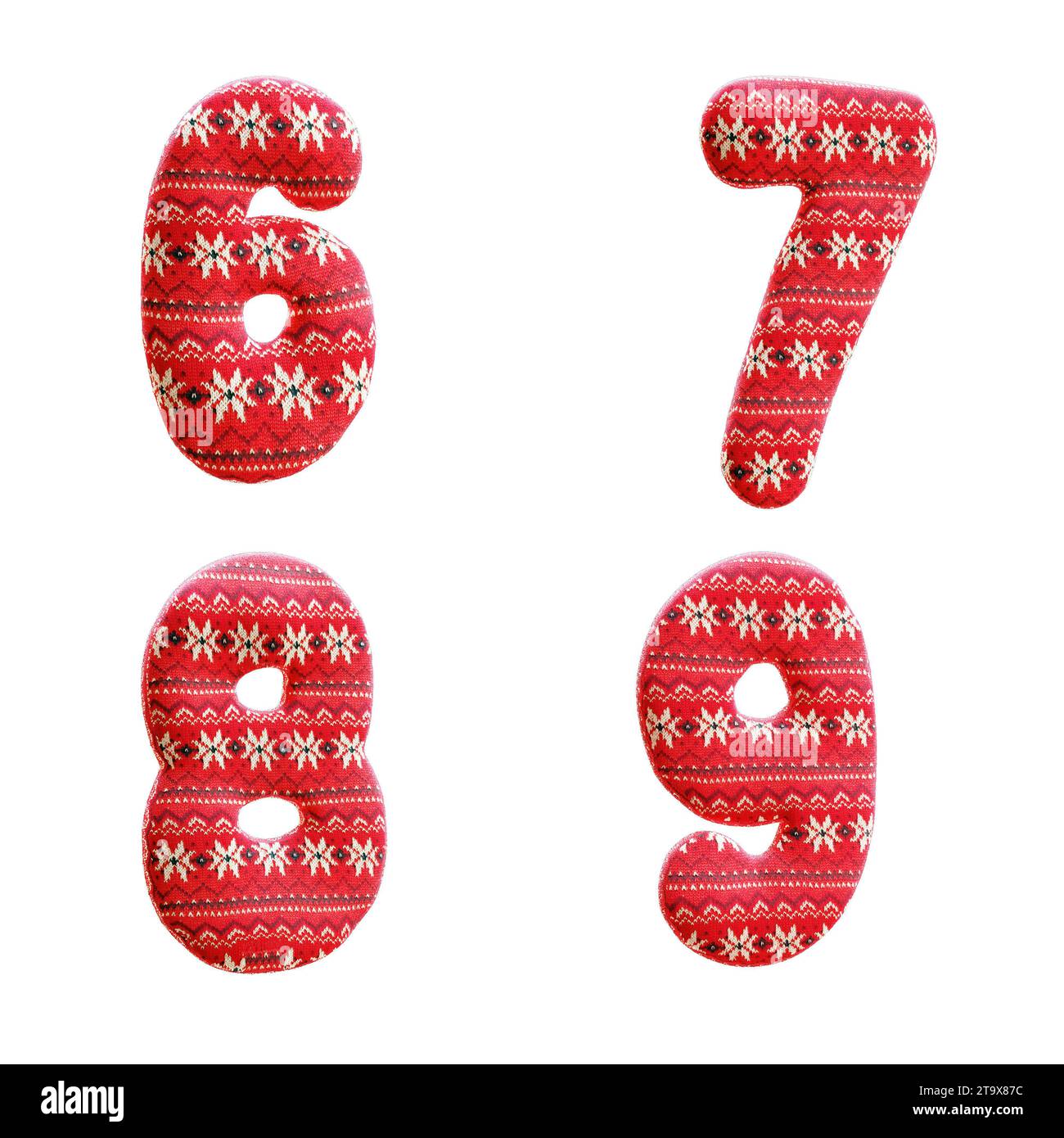 3d rendering of knitted christmas fabric alphabet - digits 6-9 Stock Photo