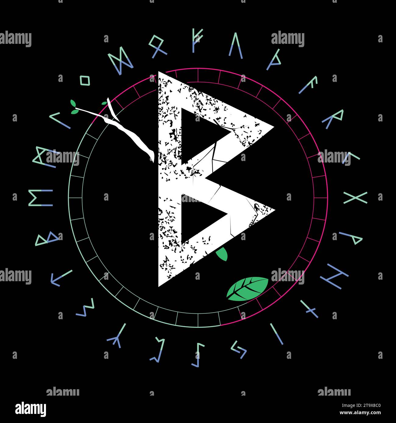 Design for a runic letter t-shirt called Berkano. Ancient alphabet in circular shape. Fertility symbol. Stock Vector