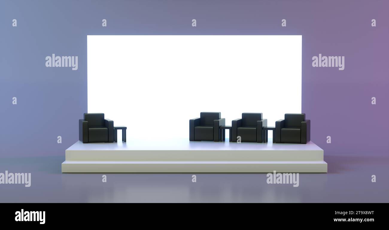 Empty Stage Design for Mockup and Corporate Identity With White Display and Black Armchairs. Platform Element. Blank Screen System for Graphic. Stock Photo